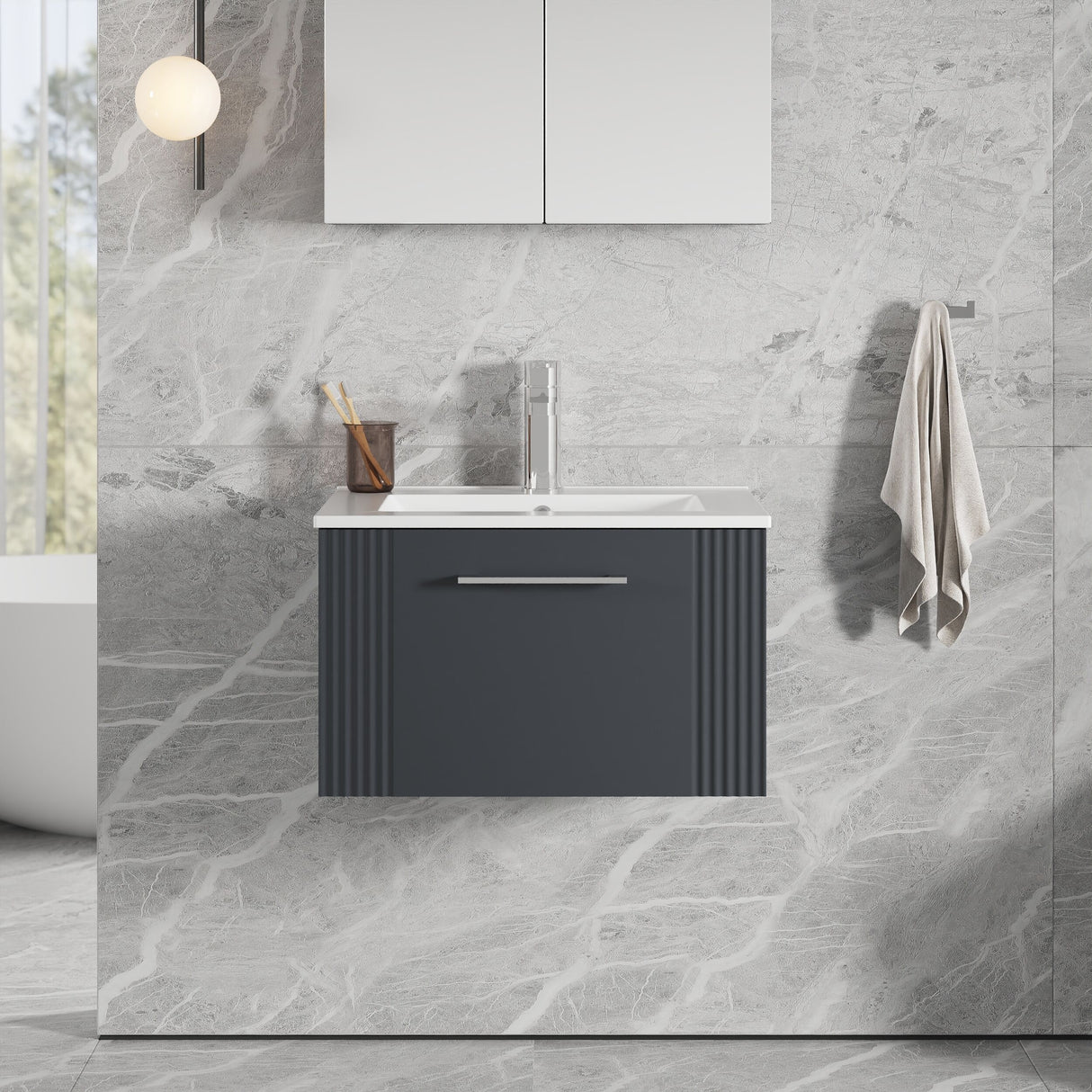 [BFPF1494B] Belvide Retro Partial Fluted 1 Drawer Wall Hung Vanity Basin Unit with Minimalist Basin, Choice of Size and Colour