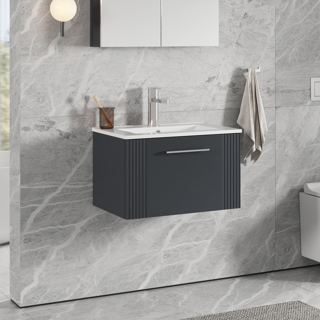 [BFPF1494B] Belvide Retro Partial Fluted 1 Drawer Wall Hung Vanity Basin Unit with Minimalist Basin, Choice of Size and Colour