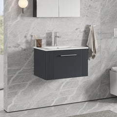 [BFPF1494B] Belvide Retro Partial Fluted 1 Drawer Wall Hung Vanity Basin Unit with Minimalist Basin, Choice of Size and Colour