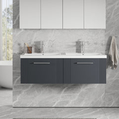 [BFPF1494C] Belvide Retro Partial Fluted 2 Drawer Wall Hung Vanity Basin Unit with Double Polymarble Basin, Choice of Colour - Lifestyle 1