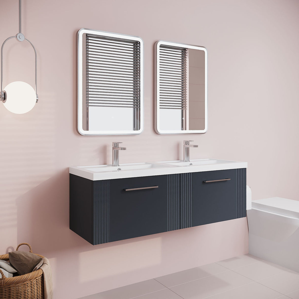 [BFPF1494C] Belvide Retro Partial Fluted 2 Drawer Wall Hung Vanity Basin Unit with Double Polymarble Basin, Choice of Colour - Lifestyle 3