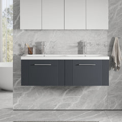 [BFPF1494F] Belvide Retro Partial Fluted 2 Drawer Wall Hung Vanity Basin Unit with Double Ceramic Basin, Choice of Colour - Lifestyle 1