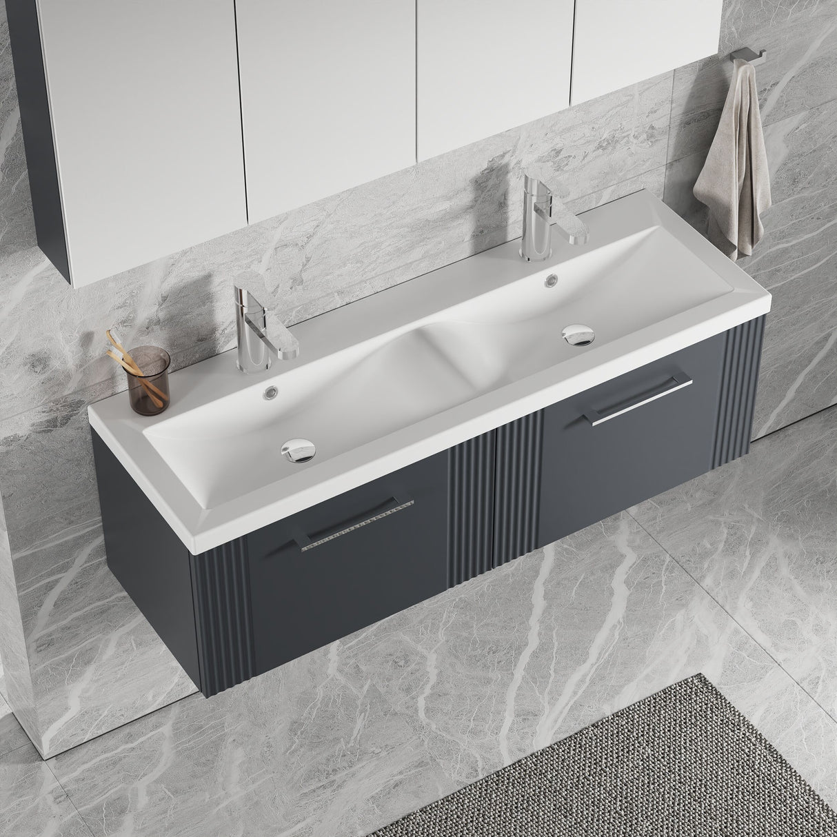 [BFPF1494F] Belvide Retro Partial Fluted 2 Drawer Wall Hung Vanity Basin Unit with Double Ceramic Basin, Choice of Colour - Lifestyle 2