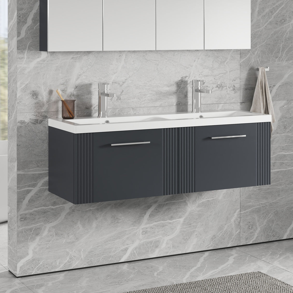 [BFPF1494F] Belvide Retro Partial Fluted 2 Drawer Wall Hung Vanity Basin Unit with Double Ceramic Basin, Choice of Colour - Lifestyle 3