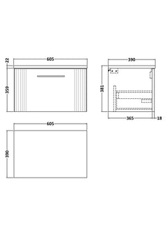 [BFPF1494LCM] Belvide Retro Partial Fluted 1 Drawer Wall Hung Vanity Unit with Carrera Marble Laminate Worktop, Choice of Size and Colour - Line Drawing