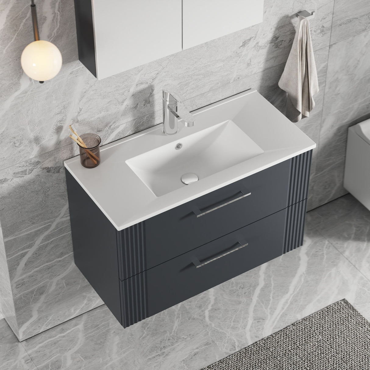 [BFPF1495B] Belvide Retro Partial Fluted 2 Drawer Wall Hung Vanity Basin Unit with Minimalist Basin, Choice of Size and Colour - Lifestyle 2