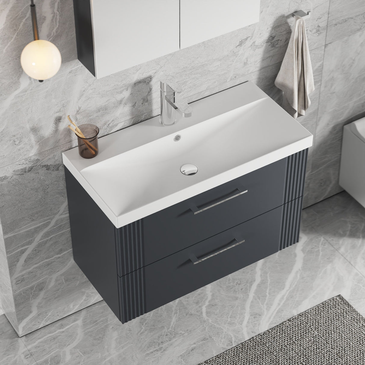 [BFPF1495D] Belvide Retro Partial Fluted 2 Drawer Wall Hung Vanity Basin Unit with Thin-Edge Basin, Choice of Size and Colour - Lifestyle 2
