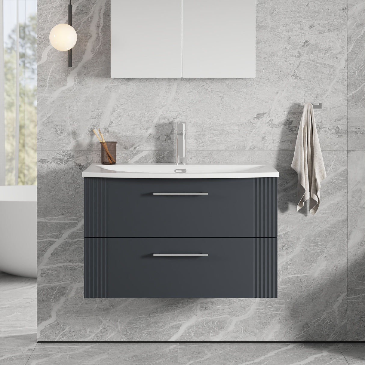 [BFPF1495G] Belvide Retro Partial Fluted 2 Drawer Wall Hung Vanity Basin Unit with Curved Basin, Choice of Size and Colour - Lifestyle 1