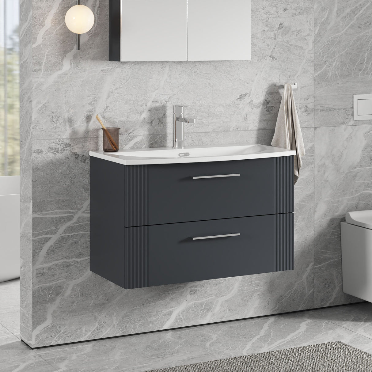 [BFPF1495G] Belvide Retro Partial Fluted 2 Drawer Wall Hung Vanity Basin Unit with Curved Basin, Choice of Size and Colour - Lifestyle 3