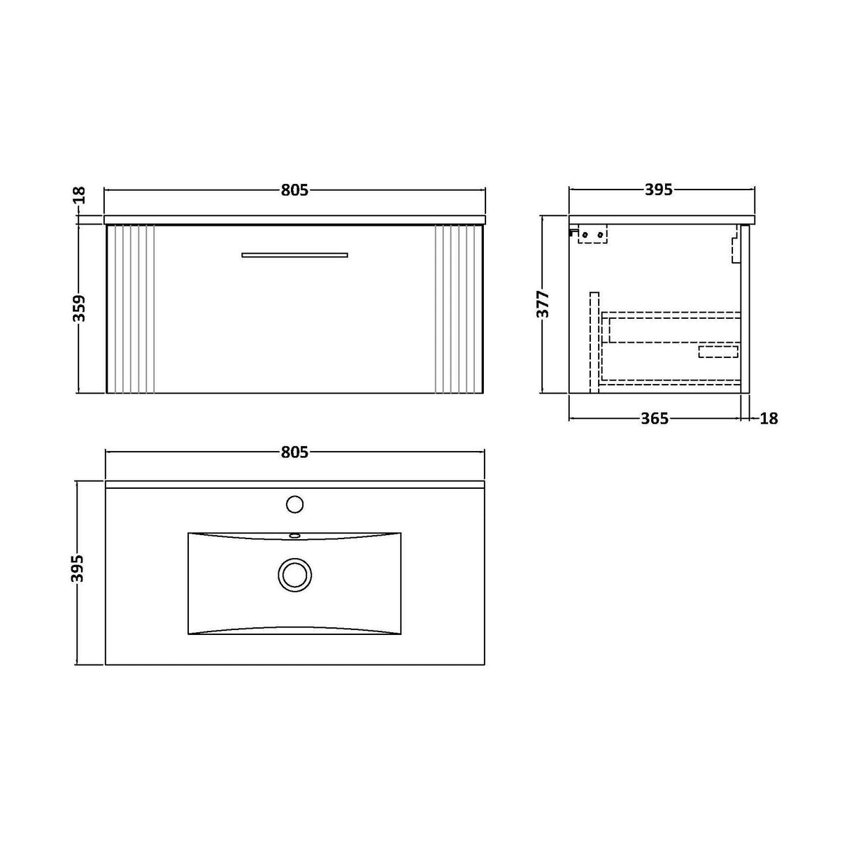 [BFPF1496B] Belvide Retro Partial Fluted 1 Drawer Wall Hung Vanity Basin Unit with Minimalist Basin, Choice of Size and Colour - Technical Drawing