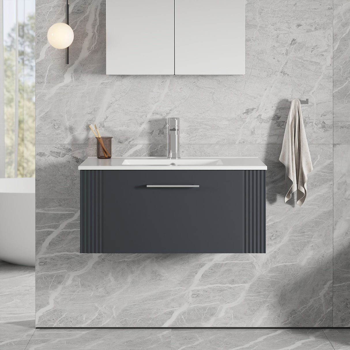 [BFPF1496B] Belvide Retro Partial Fluted 1 Drawer Wall Hung Vanity Basin Unit with Minimalist Basin, Choice of Size and Colour
