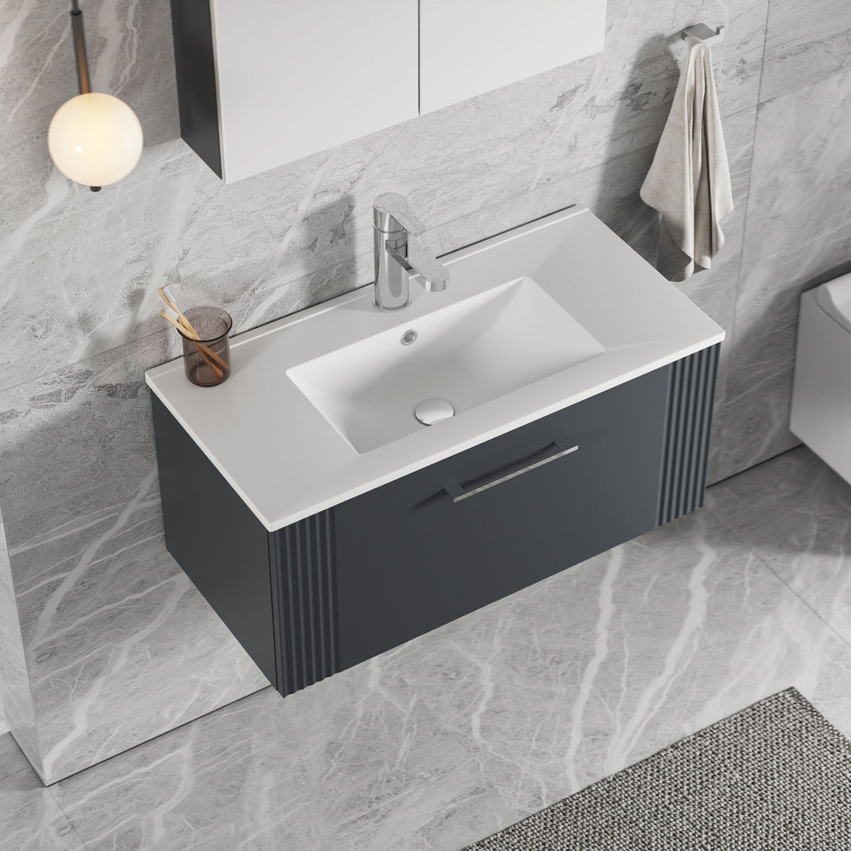 [BFPF1496B] Belvide Retro Partial Fluted 1 Drawer Wall Hung Vanity Basin Unit with Minimalist Basin, Choice of Size and Colour