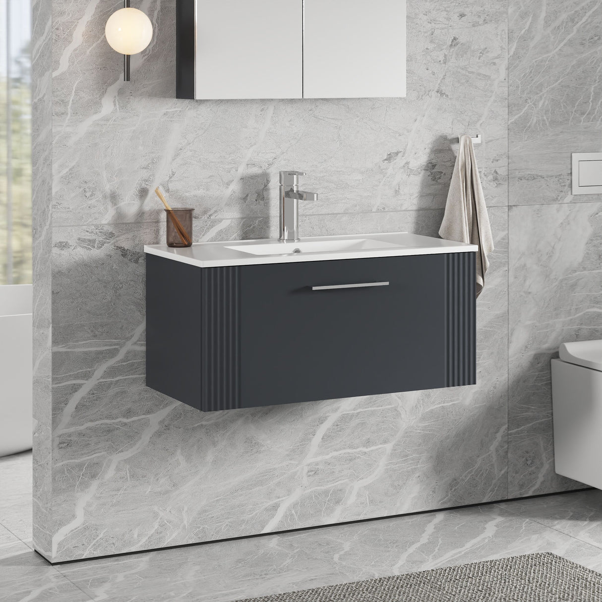 [BFPF1496B] Belvide Retro Partial Fluted 1 Drawer Wall Hung Vanity Basin Unit with Minimalist Basin, Choice of Size and Colour