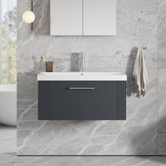 [BFPF1496D] Belvide Retro Partial Fluted 1 Drawer Wall Hung Vanity Basin Unit with Thin-Edge Basin, Choice of Size and Colour - Lifestyle 1
