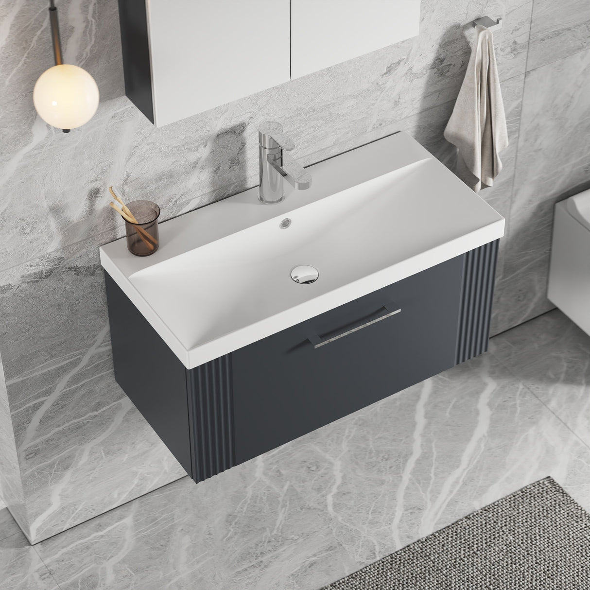 [BFPF1496D] Belvide Retro Partial Fluted 1 Drawer Wall Hung Vanity Basin Unit with Thin-Edge Basin, Choice of Size and Colour - Lifestyle 2