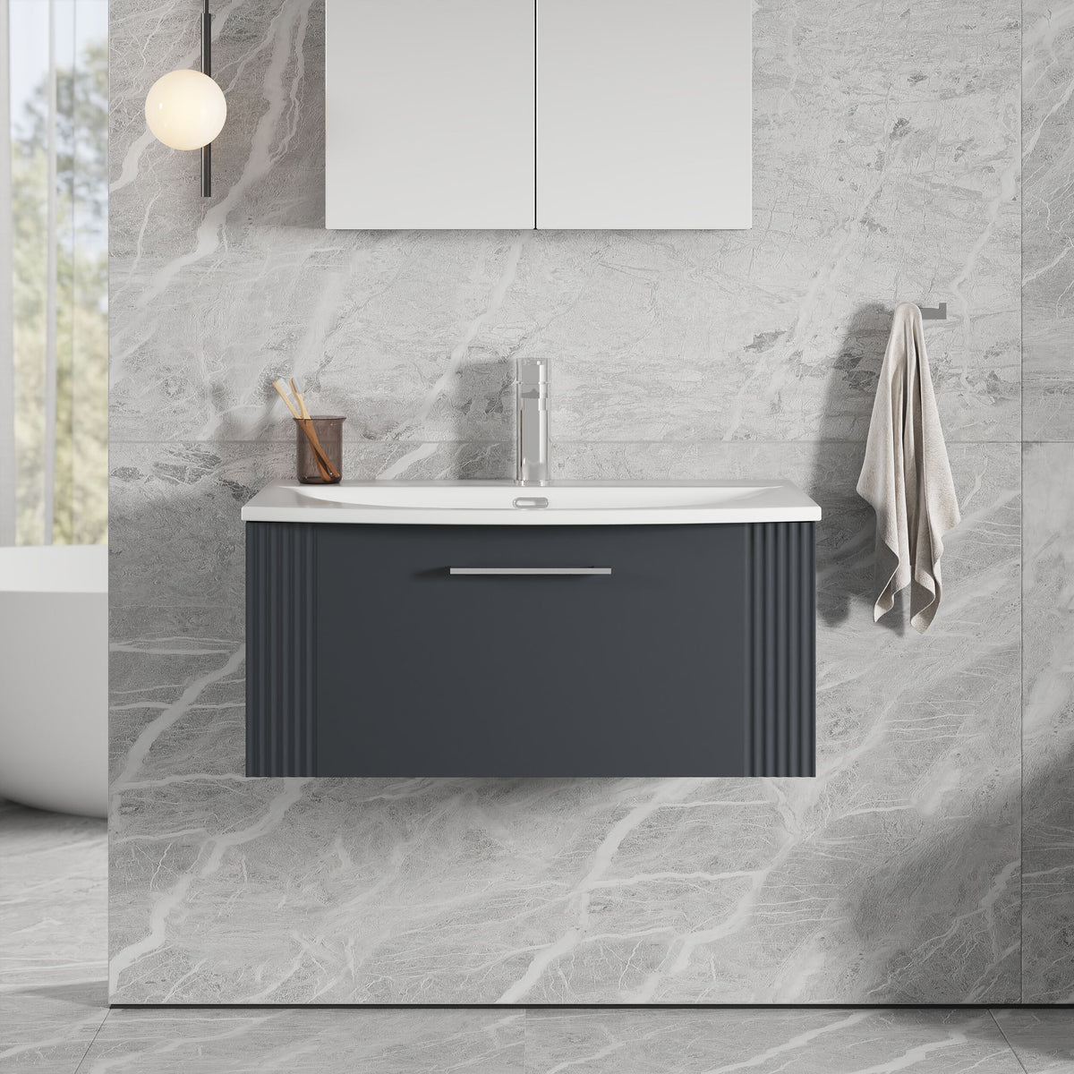 [BFPF1496G] Belvide Retro Partial Fluted 1 Drawer Wall Hung Vanity Basin Unit with Curved Basin, Choice of Size and Colour - Lifestyle 1