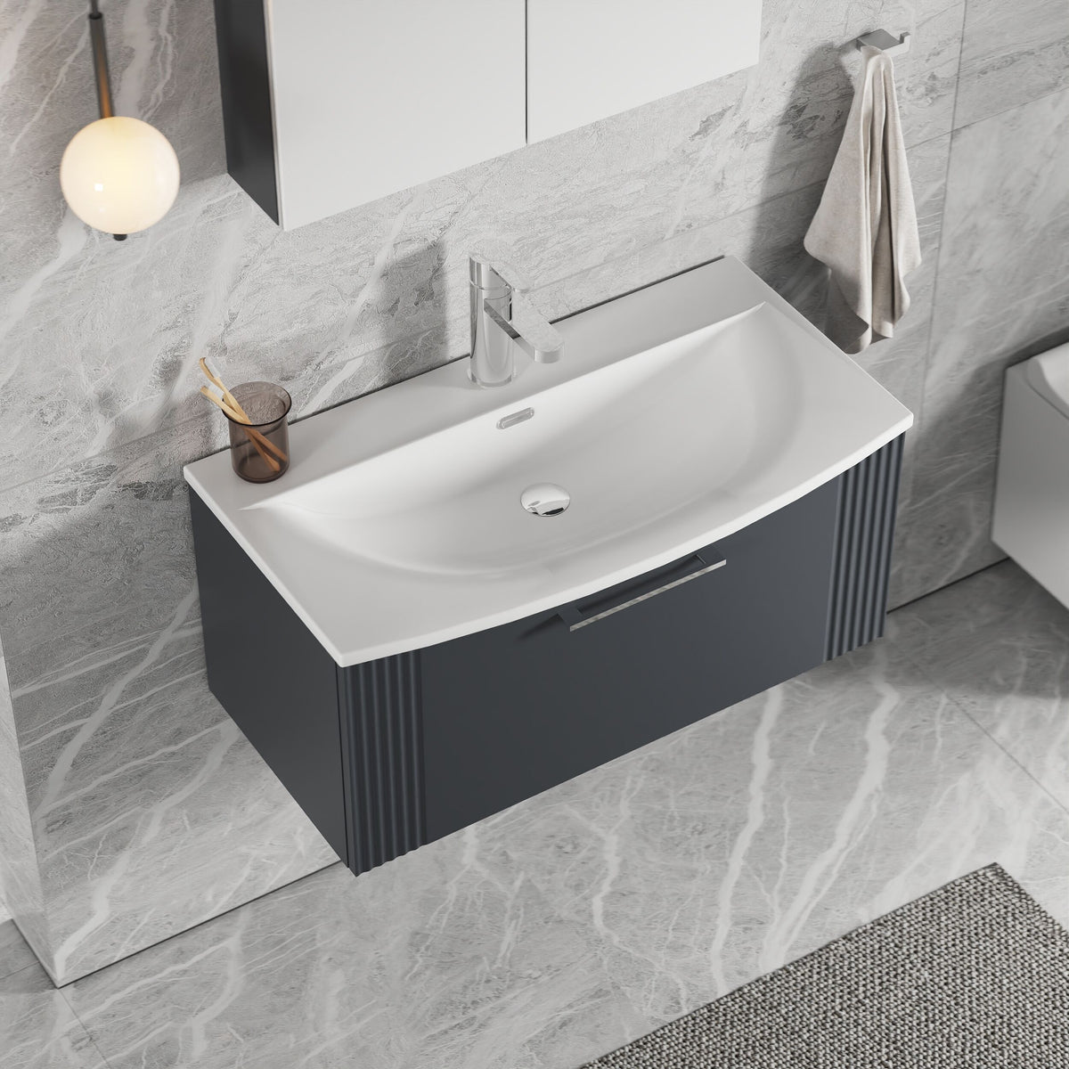 [BFPF1496G] Belvide Retro Partial Fluted 1 Drawer Wall Hung Vanity Basin Unit with Curved Basin, Choice of Size and Colour - Lifestyle 2