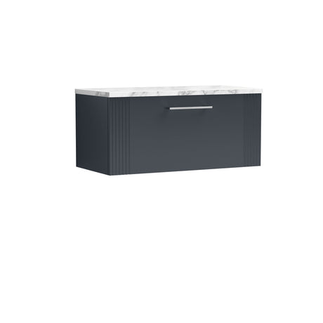 [BFPF1496LCM] Belvide Retro Partial Fluted 1 Drawer Wall Hung Vanity Unit with Carrera Marble Laminate Worktop, Choice of Size and Colour - Cutout