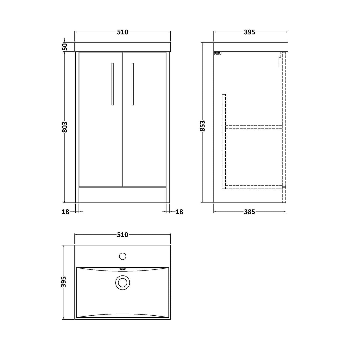 [BFPF1801D] Winshill Contemporary 2 Door Floor Standing Vanity Unit with Thin Edge Basin, Light Oak, 500mm - Technical Drawing