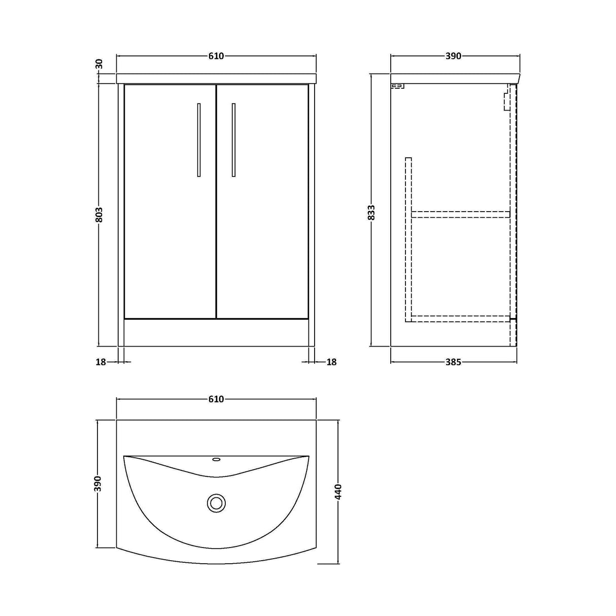 [BFPF1803G] Winshill Contemporary 2 Door Floor Standing Vanity Unit with Curved Basin - Choice of Size and Colour - Technical Drawing