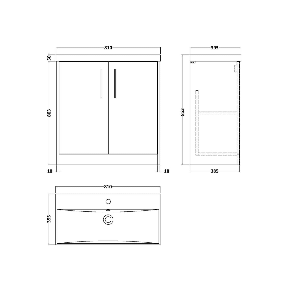 [BFPF1805D] Winshill Contemporary 2 Door Floor Standing Vanity Unit with Thin Edge Basin - Choice of Size and Colour - Technical Drawing