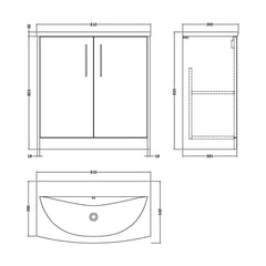 [BFPF1805G] Winshill Contemporary 2 Door Floor Standing Vanity Unit with Curved Basin - Choice of Size and Colour - Technical Drawing