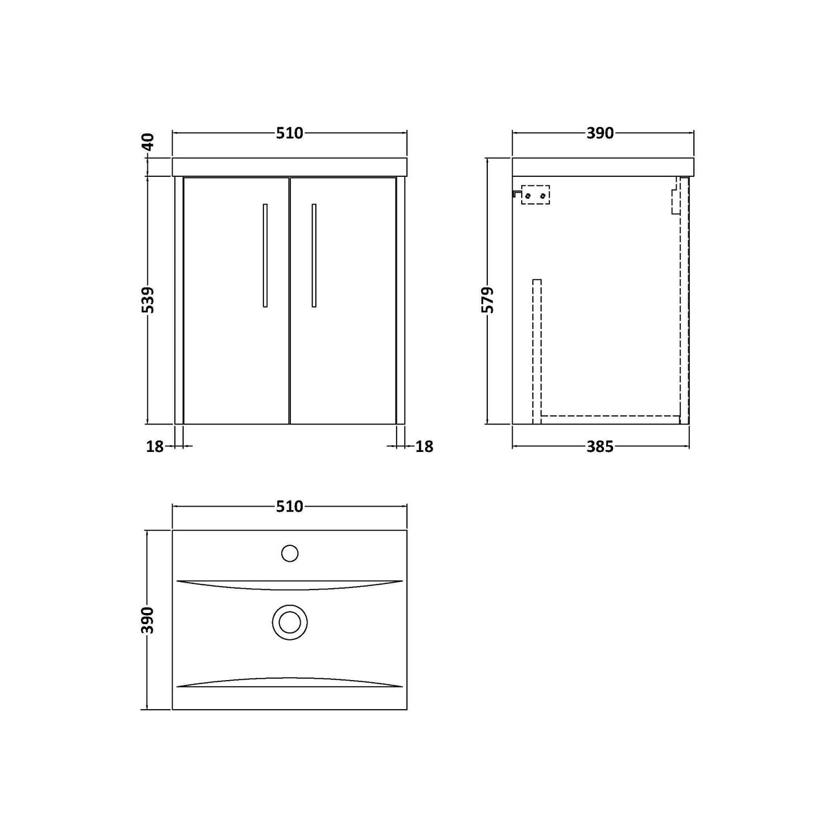 [BFPF1821A] Winshill Contemporary 2 Door Wall Hung Vanity Unit with Mid-Edge Basin - Choice of Size and Colour - Technical Drawing