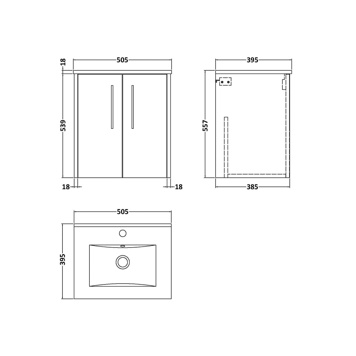 [BFPF1821B] Winshill Contemporary 2 Door Wall Hung Vanity Unit with Minimalist Basin - Choice of Size and Colour - Technical Drawing