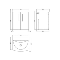 [BFPF1821G] Winshill Contemporary 2 Door Wall Hung Vanity Unit with Curved Basin - Choice of Size and Colour - Technical Drawing