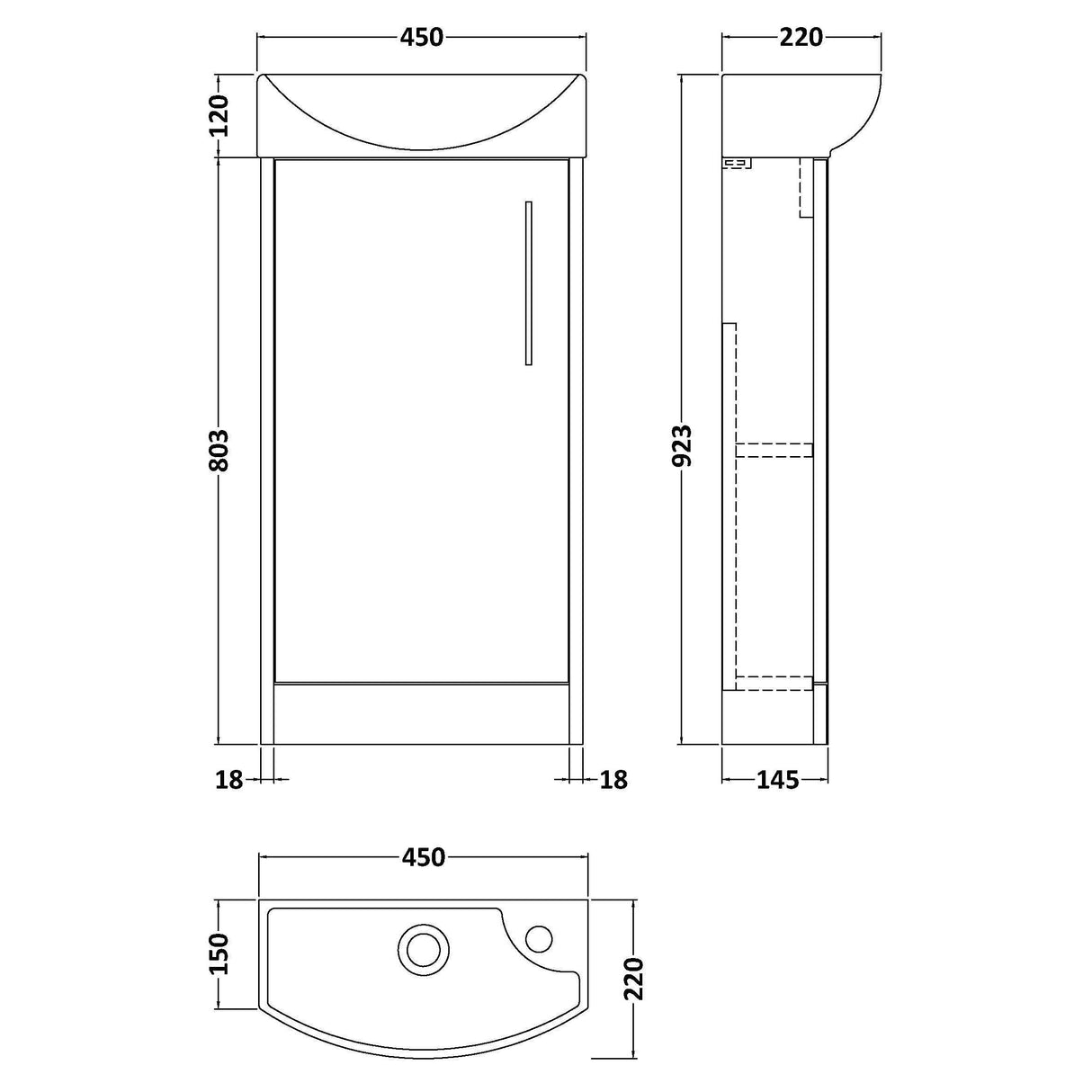 [BFPF1821L] Winshill Contemporary 1 Door Floor Standing Cloakroom Vanity Unit with Basin - Choice of Orientation and Colour - Technical Drawing