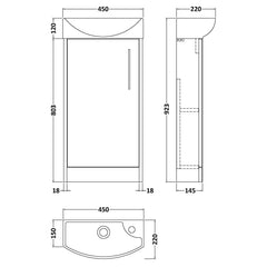 [BFPF1821L] Winshill Contemporary 1 Door Floor Standing Cloakroom Vanity Unit with Basin - Choice of Orientation and Colour - Technical Drawing