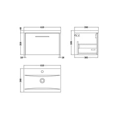 [BFPF1822A] Winshill Contemporary 1 Drawer Wall Hung Vanity Unit with Mid-Edge Basin - Choice of Size and Colour - Technical Drawing
