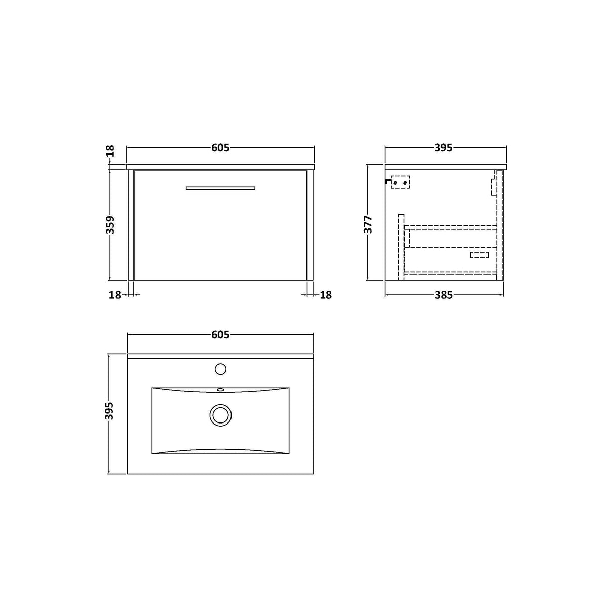 [BFPF1822B] Winshill Wall Hung 1 Drawer Vanity Unit with 1 Tap Hole Minimalist Basin, Choice of Size and Colour - Technical Drawing