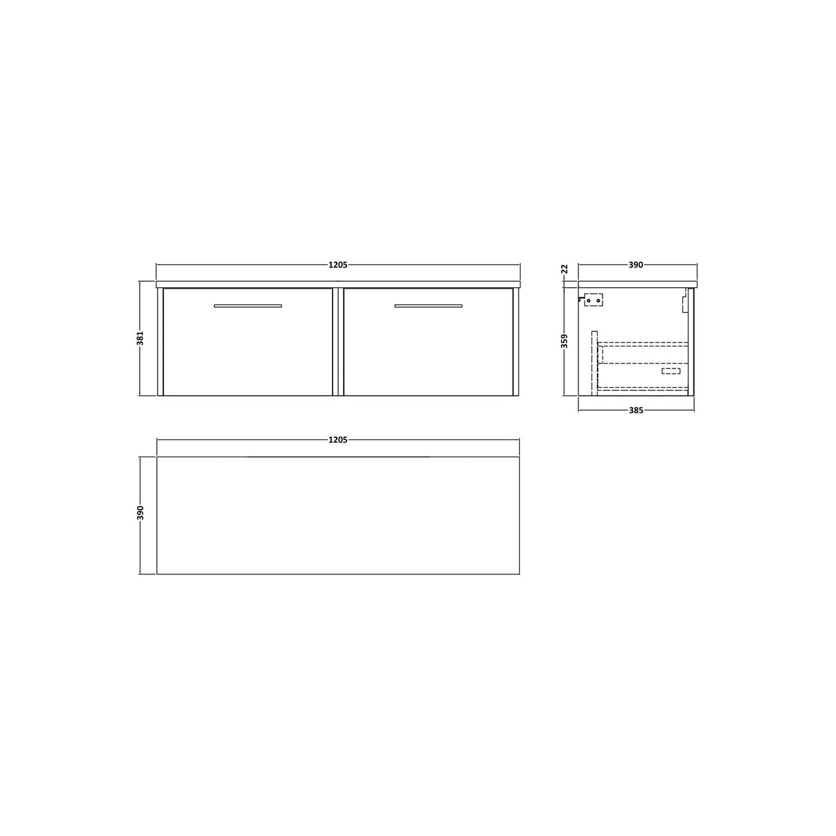 [BFPF1822LCM2] Winshill Contemporary 2 Drawer Wall Hung Vanity Unit with Carrera Marble Laminate Worktop - Choice of Colour - Technical Drawing