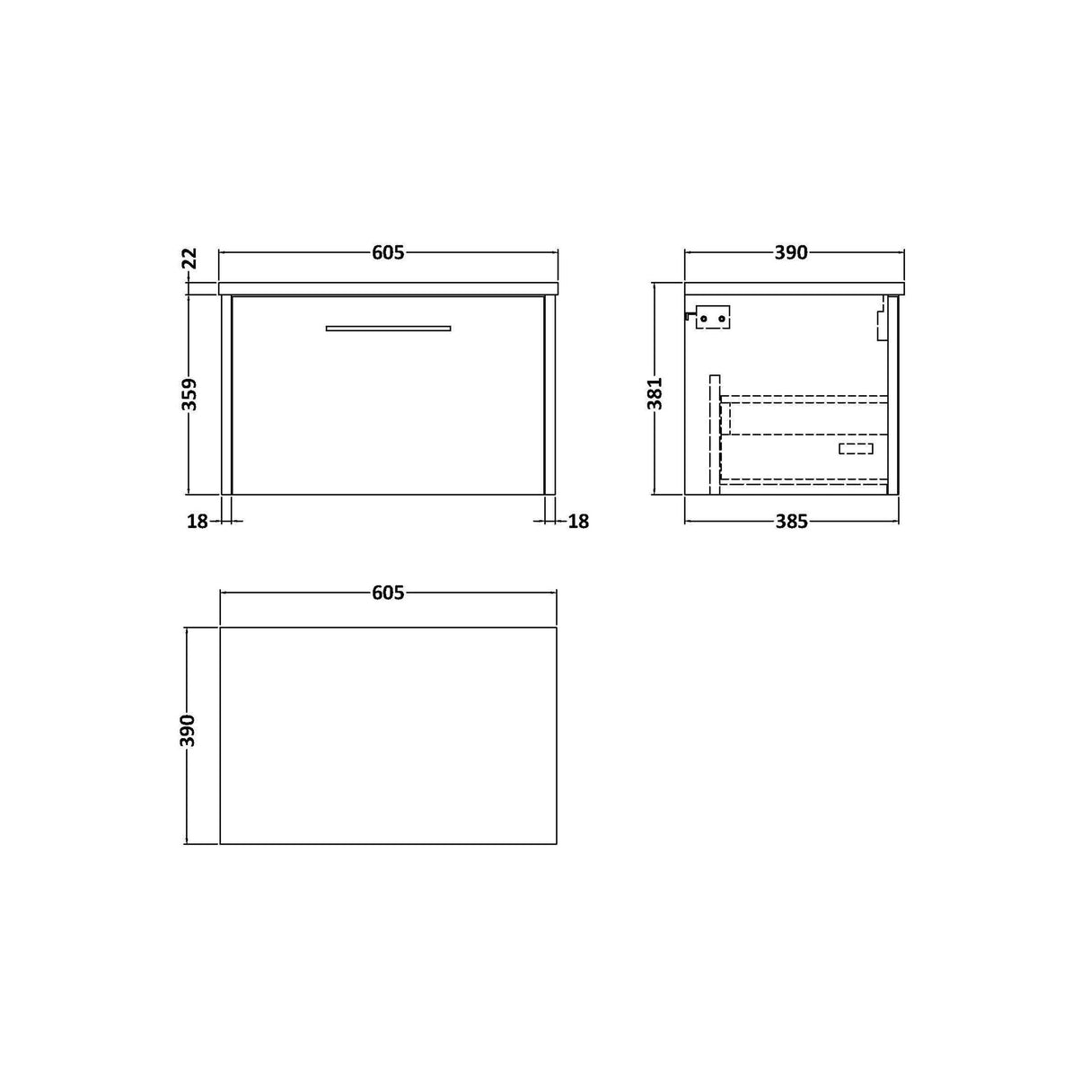 [BFPF1822LCM] Winshill Contemporary 1 Drawer Wall Hung Vanity Unit with Carrera Marble Laminate Worktop - Choice of Size and Colour - Technical Drawing