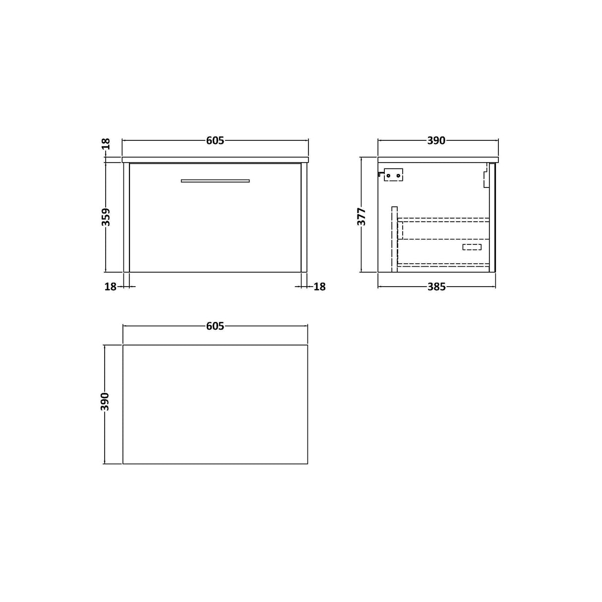 [BFPF1822W] Winshill Contemporary 1 Drawer Wall Hung Vanity Unit with Worktop - Choice of Size and Colour - Technical Drawing