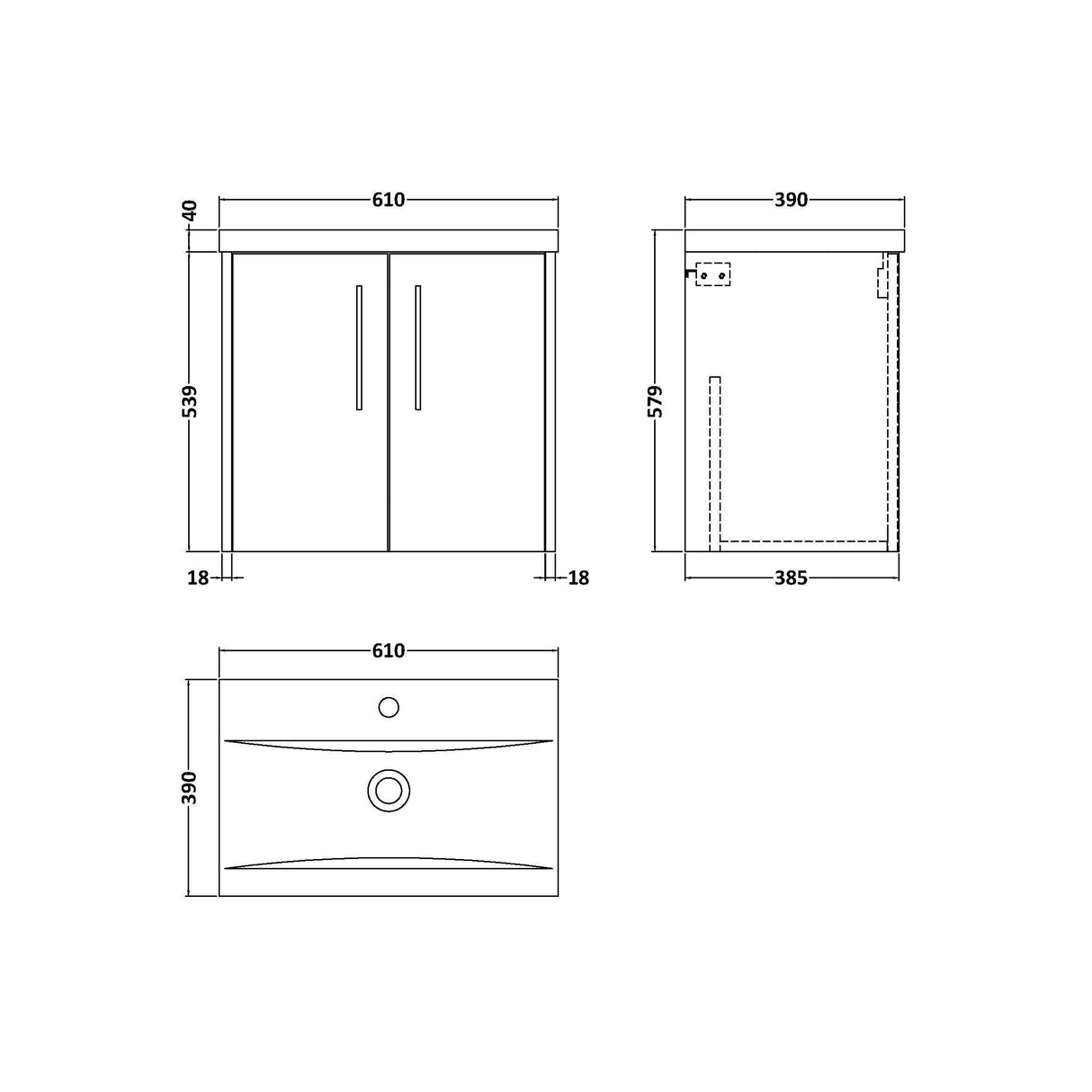 [BFPF1823A] Winshill Contemporary 2 Door Wall Hung Vanity Unit with Mid-Edge Basin - Choice of Size and Colour - Technical Drawing