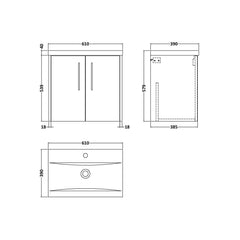[BFPF1823A] Winshill Contemporary 2 Door Wall Hung Vanity Unit with Mid-Edge Basin - Choice of Size and Colour - Technical Drawing