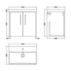 [BFPF1823D] Winshill Contemporary 2 Door Wall Hung Vanity Unit with Thin Edge Basin - Choice of Size and Colour - Technical Drawing