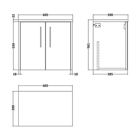 [BFPF1823LBG] Winshill Contemporary 2 Door Wall Hung Vanity Unit with Laminate Worktop, Light Oak, 600mm - Technical Drawing