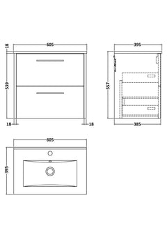 [BFPF1824B] Winshill Contemporary 2 Drawer Wall Hung Vanity Unit with Minimalist Basin, Choice of Size and Colour - Technical Drawing