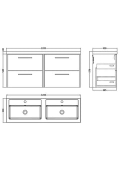[BFPF1824C] Winshill Contemporary 4 Drawer 1200mm Wall Hung Vanity Unit with Double Basin - Choice of Colour - Technical Drawing