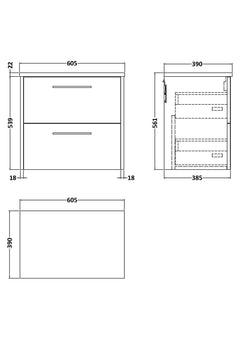 [BFPF1824LBG] Winshill Contemporary 2 Drawer Wall Hung Vanity Unit with Laminate Worktop - Choice of Size and Colour - Technical Drawing