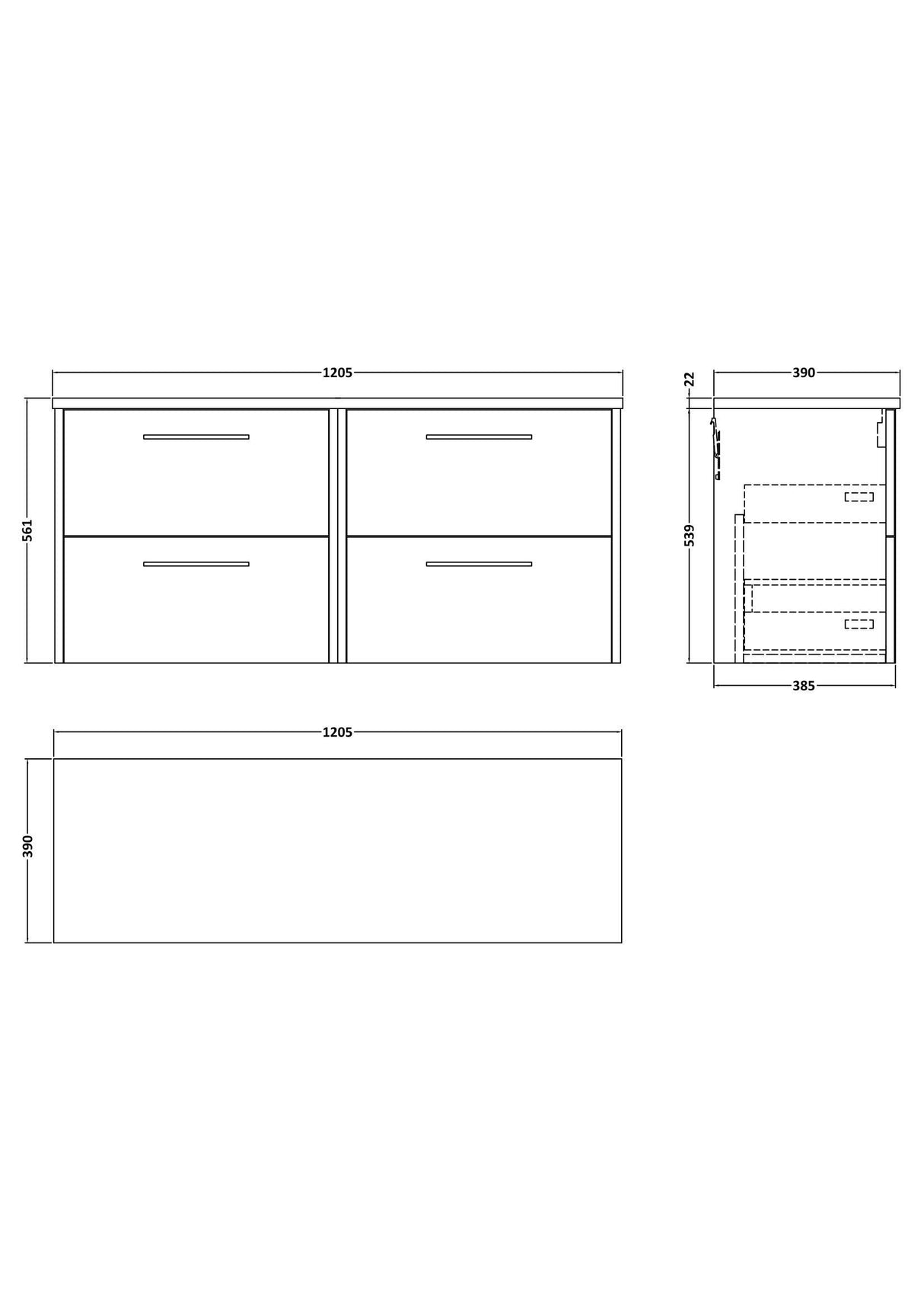 [BFPF1824LCM2] Winshill Contemporary 4 Drawer Wall Hung Vanity Unit with Carrera Marble Laminate Worktop - Choice of Colour - Technical Drawing