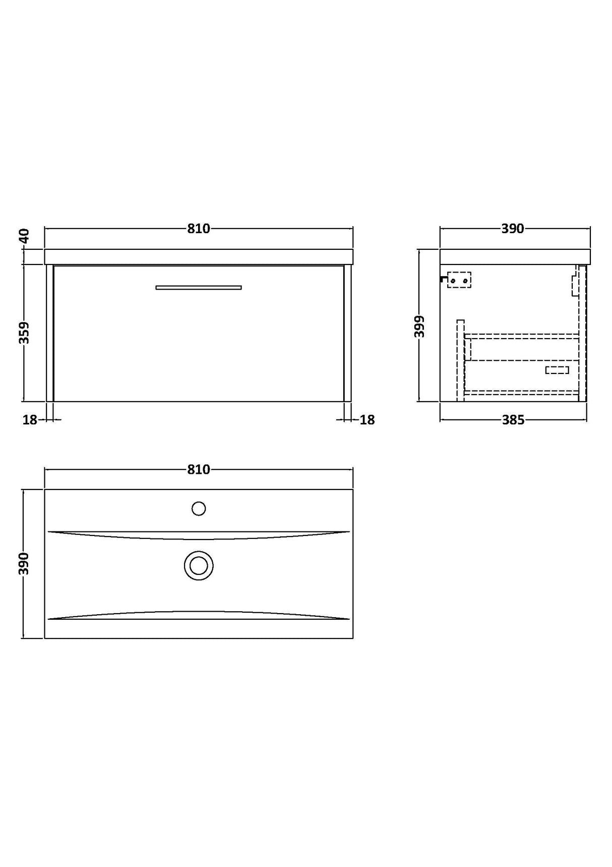 [BFPF1825A] Winshill Contemporary 1 Drawer Wall Hung Vanity Unit with Mid-Edge Basin - Choice of Size and Colour - Technical Drawing