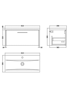 [BFPF1825A] Winshill Contemporary 1 Drawer Wall Hung Vanity Unit with Mid-Edge Basin - Choice of Size and Colour - Technical Drawing