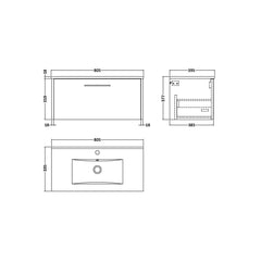 [BFPF1825B] Winshill Wall Hung 1 Drawer Vanity Unit with 1 Tap Hole Minimalist Basin, Choice of Size and Colour - Technical Drawing