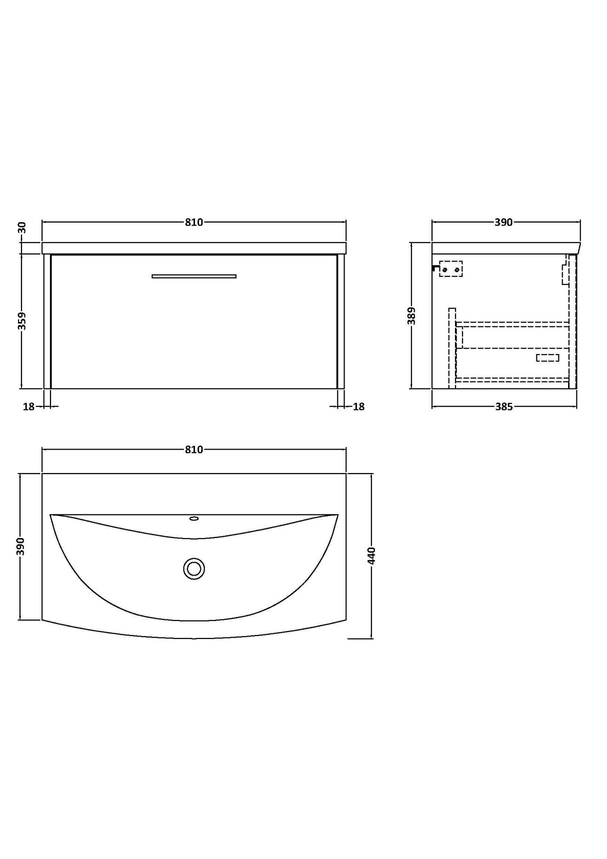 [BFPF1825G] Winshill Contemporary 1 Drawer Wall Hung Vanity Unit with Curved Basin, Choice of Size and Colour - Technical Drawing