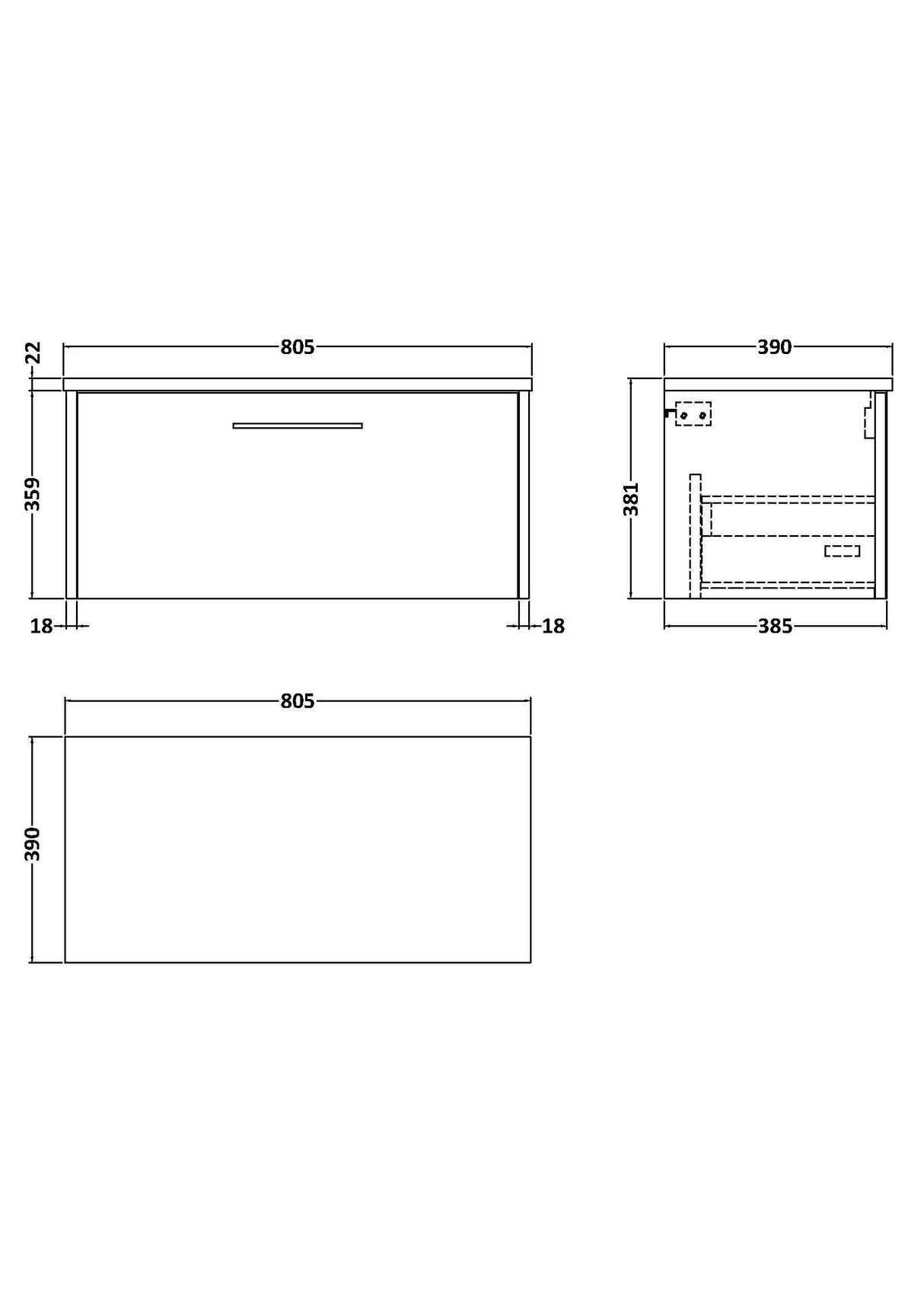 [BFPF1825LCM] Winshill Contemporary 1 Drawer Wall Hung Vanity Unit with Carrera Marble Laminate Worktop - Choice of Size and Colour - Technical Drawing