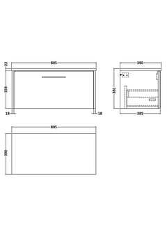 [BFPF1825LCM] Winshill Contemporary 1 Drawer Wall Hung Vanity Unit with Carrera Marble Laminate Worktop - Choice of Size and Colour - Technical Drawing